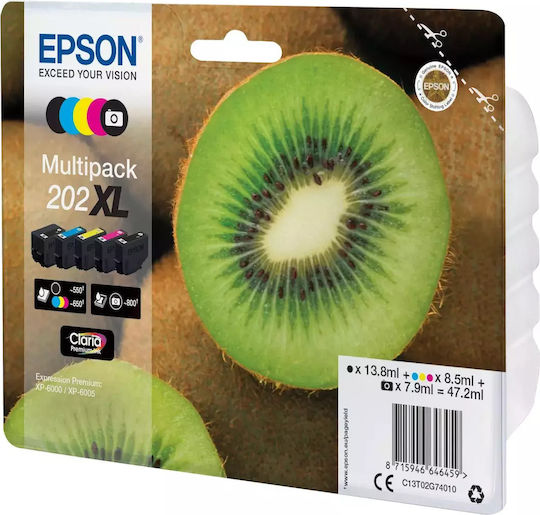 Epson 202XL Γνήσιο Πακέτο 5 Μελανιών Εκτυπωτή InkJet Photo Μαύρο / Κίτρινο / Κυανό / Ματζέντα / Μαύρο (C13T02G74010) - Image 2