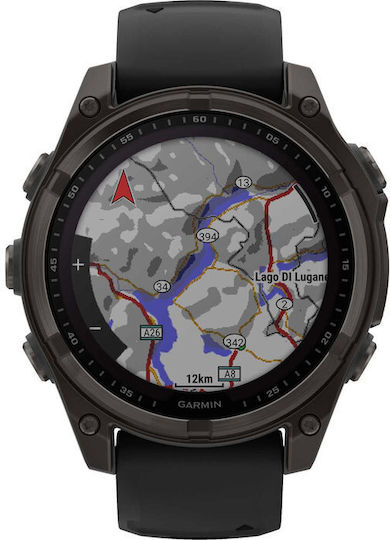 Garmin Fenix 8 Solar Titanium 47mm Αδιάβροχο Smartwatch με Παλμογράφο (Sapphire, Carbon Grey Dlc Titanium With Black/pebble Grey Silicone Band)
