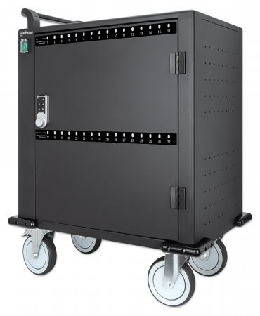 Manhattan iPad to 13 MacBook Air to 13 & Chromebook to 14 32-bay Charging Trolley/Cart via USB-C Also other tablets/smartphones (with device to USB-C cable) Bays 330x22x235mm Device charging cables not included (suggest USB-C cable 354868) Cab